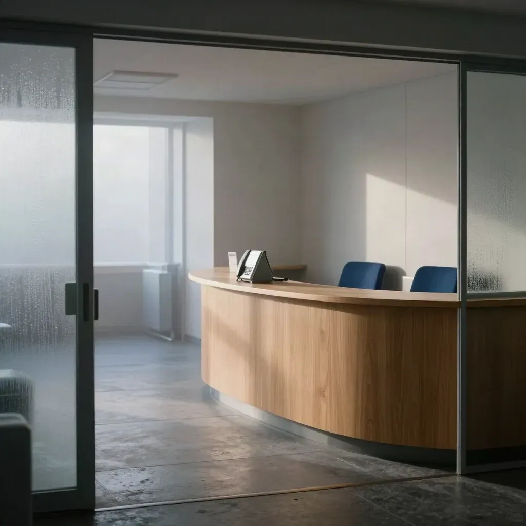 Tom svensk klinikreception i morgondimma med böjd ekdisk och blå väntstolar.