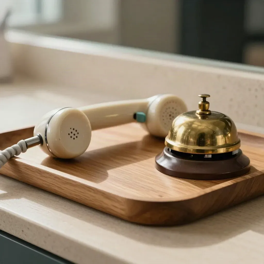 Närbild av en telefonlur, mässingsklocka och ekbricka i varm klinikmiljö