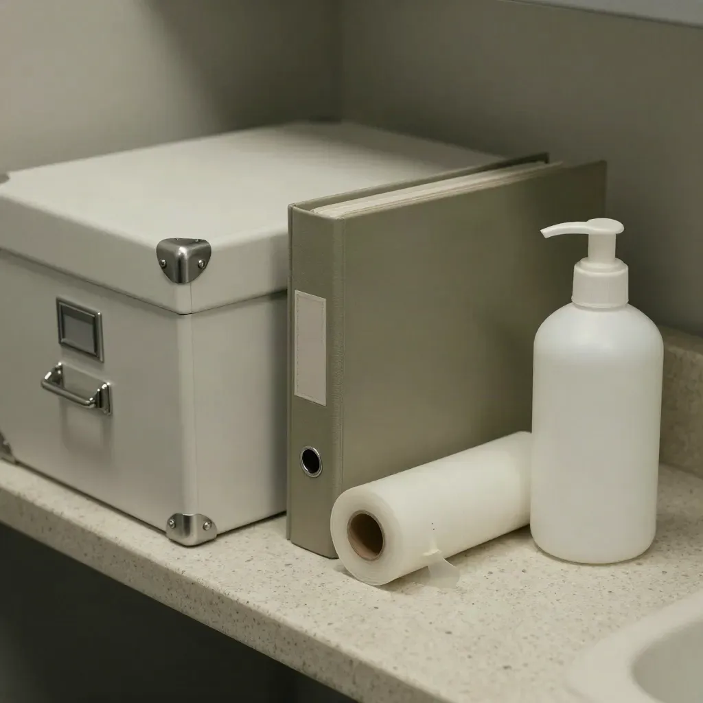 Arkivbox, tabbindare, förseglingsrulle och saneringsflaska i steril klinikuppställning.