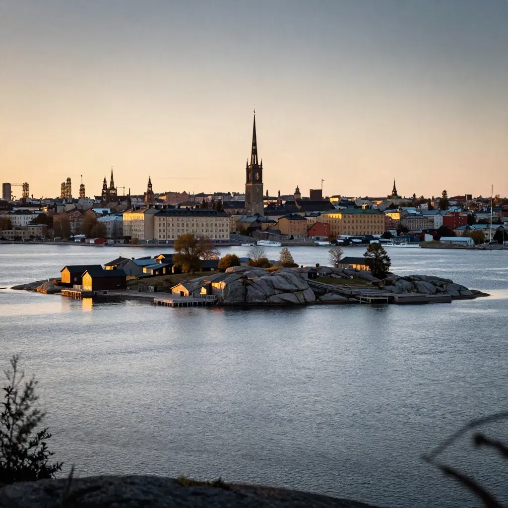Stockholms skärgård med stadssilhuett högt och lugnt vatten i kvällsljus
