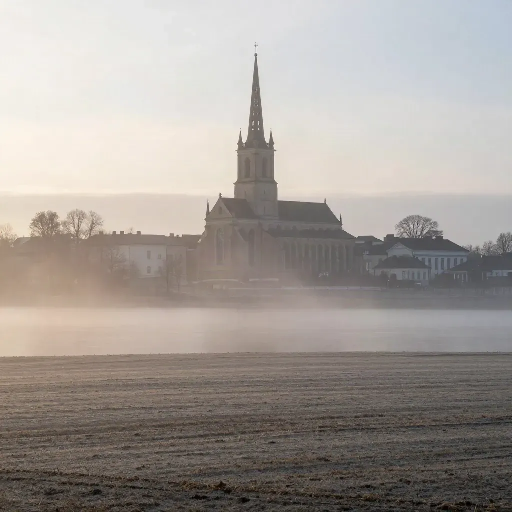 Uppsala domkyrka reser sig ur blek morgondimma över Mälardalens stilla slätt.