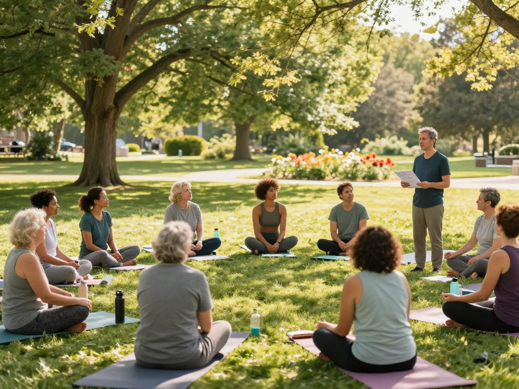 Engaged group at ROKOK88 login wellness workshop, diverse participants learning mental health strategies outdoors.